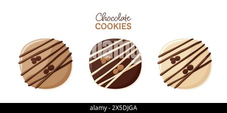 Set of round chocolate cookies with strips. Sweet dessert. Isolated vector illustration Stock Vector
