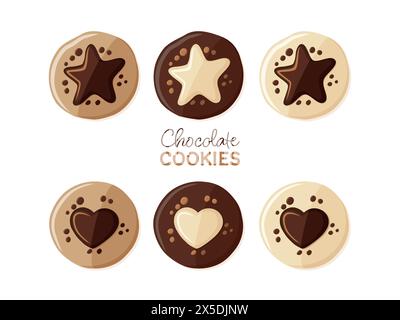 Set of chocolate cookies with hearts and stars decoration. Sweet dessert. Isolated vector illustration Stock Vector