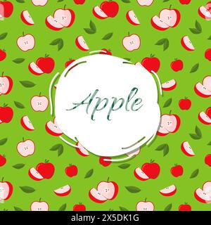 Round white label for text on green background with Bright red apples and leaves Stock Vector