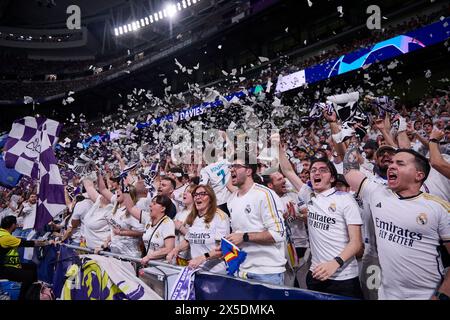 Madrid, Spain. 08th May, 2024. Real Madrid fans during the UEFA Champions League Semi Final football match between Real Madrid and Bayern Munich at the Santiago Bernabéu Stadium in Madrid, Spain (Ag LOF/Sports Press Photo/SPP) Credit: SPP Sport Press Photo. /Alamy Live News Stock Photo