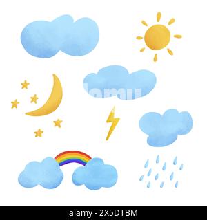 Weather, set of hand drawn watercolor elements. Stock Vector