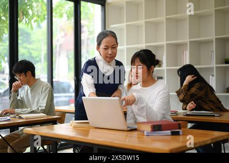 Mature lecturer assisting college student with laptop in classroom. Education concept Stock Photo