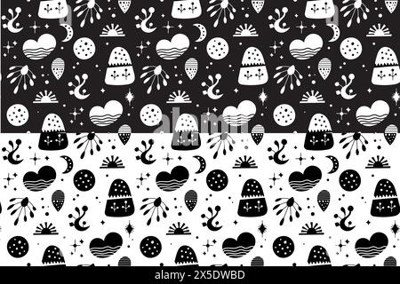 Seamless neo folk art vector pattern with mountains, moon and flowers, black and white floral design. Neo folk style endless background perfect for Stock Vector