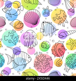 Seamless vector pattern with underwater creatures fish, seahorse, starfish, jellyfish and corals. Stock Vector