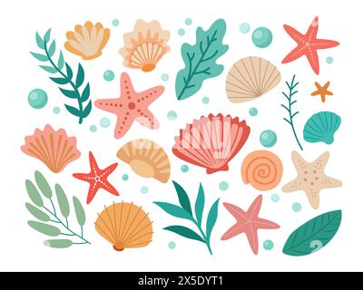 Set of colored sea shells, seaweeds, starfish Stock Vector