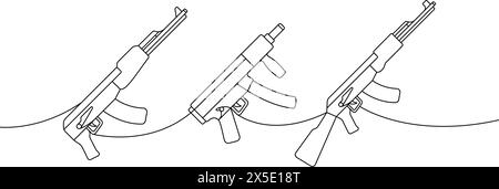 Set of tactical assault rifles one line continuous drawing. Various modern weapons continuous one line illustration. Vector linear illustration. Stock Vector