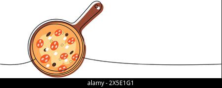 Pizza on a wooden board one line colored continuous drawing. Traditional italian fast food continuous one line illustration. Stock Vector