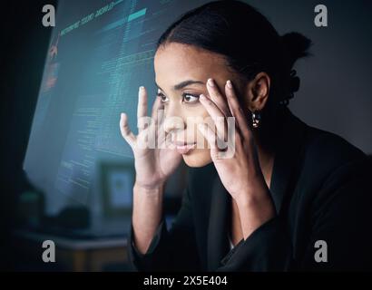 Woman, overlay and programming with stress or headache with information, data analysis and system. Female programmer, hacked and burnout with deadline Stock Photo