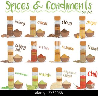 Set of 12 different culinary species and condiments in cartoon style. Set 2 of 2 Stock Vector