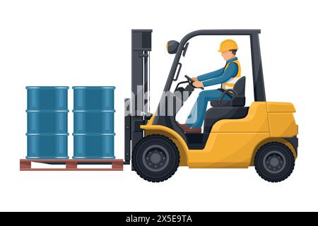 Safely driving a forklift. Fork lift truck with barrel pallet of hydraulic or petroleum oil, toxic materials. Lift truck driving safety. Security Firs Stock Vector