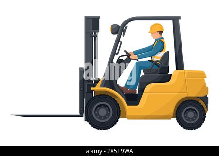 Industrial worker carefully driving a forklift. Forklift truck with man driving. Industrial storage and distribution of products. Industrial Safety Stock Vector