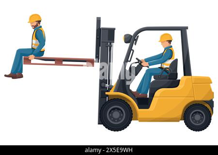 Transporting people on the forklift is prohibited. Dangers of driving a forklift. Forklift driving safety. Work accident in a warehouse. Security Firs Stock Vector