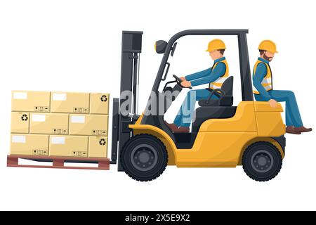 Transporting people on the forklift is prohibited. Fork lift truck transporting a wooden box packing pallet. Work accident in a warehouse. Security Fi Stock Vector
