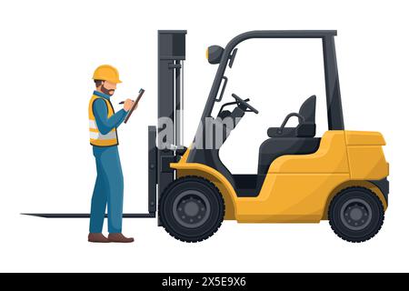 Industrial inspector inspecting a lift truck. Preventive maintenance of an industrial forklift. Industrial storage and distribution of products. Indus Stock Vector