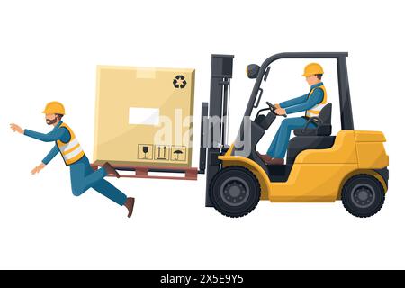 Industrial worker driving a forklift in an accident to a worker. Danger and caution sign for forklift traffic. Work accident in a warehouse. Security Stock Vector