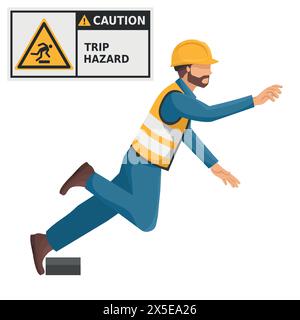 Industrial worker with trip hazard sign warning. Caution icon and pictogram. Work accident. Worker with personal protective equipment. Industrial safe Stock Vector