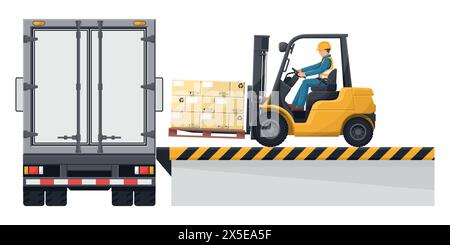 Forklift loading a pallet with boxes to a container truck at the loading and unloading dock. Forklift driving safety. Cargo and shipping logistics. In Stock Vector