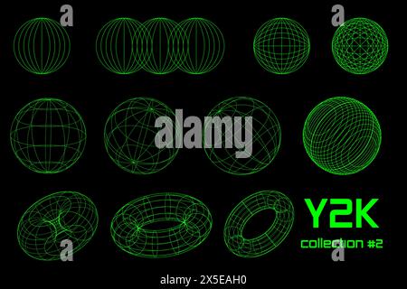 Set linear black geometric neon acid green frame figure y2k, 3d . Vector for poster Stock Vector