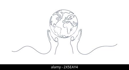 Minimalist line drawing of hands holding planet Earth. The concept of peace for people. Vector illustration on a white background Stock Vector