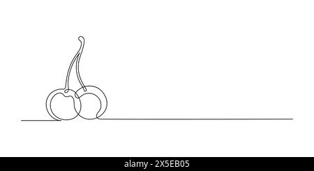 Cherry fruit in continuous line art style on white background. Minimalist black line doodle. Vector illustration Stock Vector