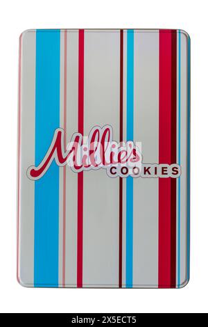 Millies Cookies striped tin isolated on white background Stock Photo