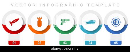 War icon set, miscellaneous vector icons such as missle, bomb, gun, tank and target, modern design infographic template, web buttons in 5 color option Stock Vector