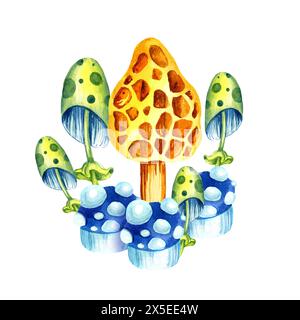 watercolor composition of fantastic cosmic multicolor mushrooms white background, hand draw illustration with magic colorful plant, neon color, for fa Stock Photo