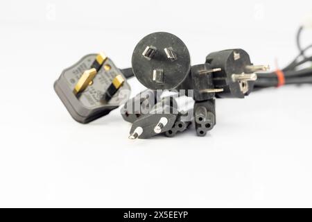 Different types of electric power plugs isolated on white background Stock Photo