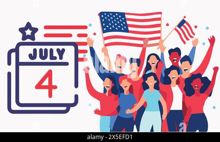 Fourth Of July Independence Day, With People in Hand USA Flag. Banner Layout Design. Stock Vector