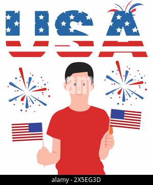 The Celebration Of American Independence Day 4th July. Happy Boy Holding Flag. Stock Vector