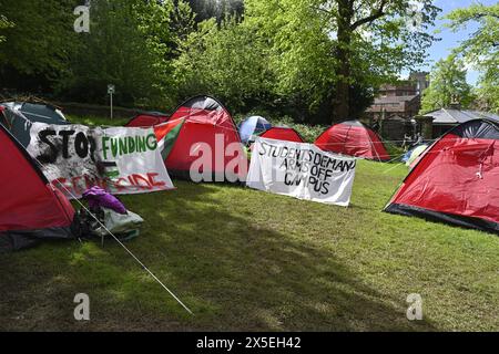 University Bristol Pro-Palestinian student protest camping on lawn outside university building, UK Stock Photo