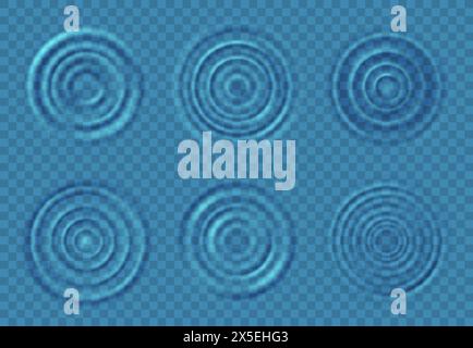 Ripple water waves. Concentric circles on blue water level from falling drops splash. Top view round swirls on liquid surface. Vector set isolated on aqua texture. Circular droplet, rain drips Stock Vector