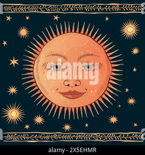 A vector illustration featuring a stylized mystical sun inspired by ancient Slavic motifs, surrounded by stars on a dark blue background. Stock Vector