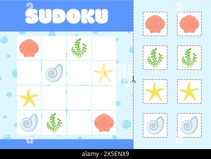Children's logic game - Sudoku with pictures on a marine theme. Algae, shells. Vector illustration. Stock Vector