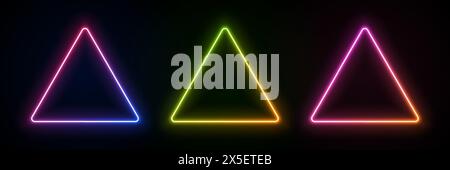 Triangle with neon light. Led glow of geometric shape. Laser frame as a template for text. Fluorescent gradient border for design. Stock Vector