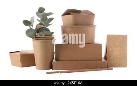Eco friendly food packagings, straws and eucalyptus leaves isolated on white Stock Photo
