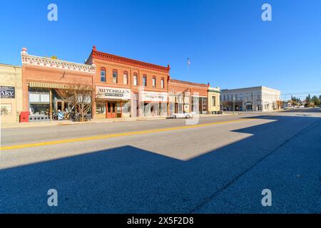 General view of the shops and businesses along the Main Street corridor of the rural high desert town of Waterville, Washington USA Stock Photo