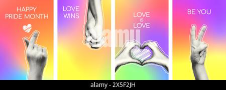 LGBTQ Pride month halftone collage posters set vector illustration Stock Vector