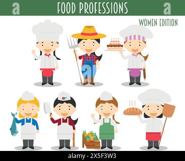 Vector Set of Food Industry Professions in cartoon style. Women Edition. Stock Vector