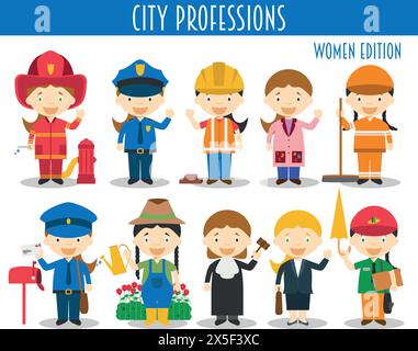 Vector Set of City Professions in cartoon style. Women Edition. Stock Vector