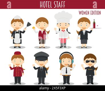 Vector Set of Hotel Staff Professions in cartoon style. Women Edition. Stock Vector