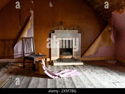 The interior of the abandoned croft house in Arivruaich (Airidh a Bhruaich), Isle of Lewis, Outer Hebrides, Scotland Stock Photo
