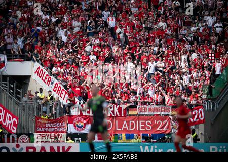 Cologne, Germany. 09th May, 2024. Soccer, Women: DFB Cup, VfL Wolfsburg - Bayern Munich, final, RheinEnergieStadion. FC Bayern Munich fans cheer on the players. Credit: Fabian Strauch/dpa - IMPORTANT NOTE: In accordance with the regulations of the DFL German Football League and the DFB German Football Association, it is prohibited to utilize or have utilized photographs taken in the stadium and/or of the match in the form of sequential images and/or video-like photo series./dpa/Alamy Live News Stock Photo