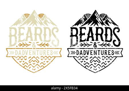 Beards & Dadventures Hiking,  Celebrate Dad's Outdoor Adventures, typography art with 2 styles black and color. Stock Vector