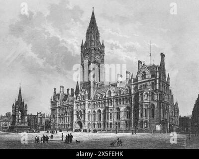 The New Town Hall in Manchester. Designed by architect Alfred Waterhouse, the town hall was completed in 1877.  Black and White Illustration from Our Own Country Vol III published by Cassell, Petter, Galpin & Co. in the late 19th century. Stock Photo