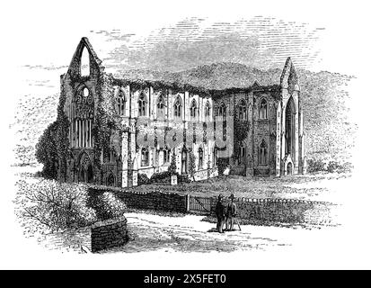 The ruins of Tintern Abbey viewed from the road and as they would have appeared in the late 19th century. Black and White Illustration from Our Own Country Vol III published by Cassell, Petter, Galpin & Co. in the late 19th century. Stock Photo