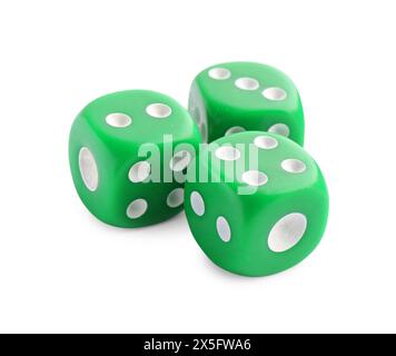 Three green game dices isolated on white Stock Photo