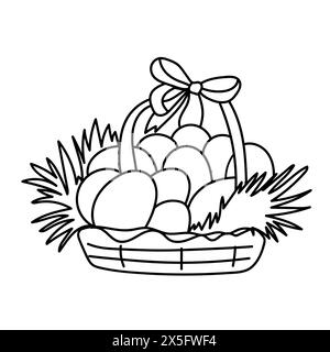 Basket with eggs line drawing. Doodle vector illustration. Stock Vector