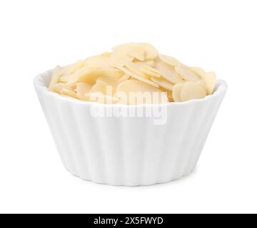 Fresh almond flakes in bowl isolated on white Stock Photo