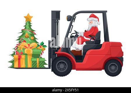 Santa Claus driving a red forklift with Christmas tree, gift boxes, candy canes on a pallet. Christmas campaign for cargo logistics and shipping of hi Stock Vector
